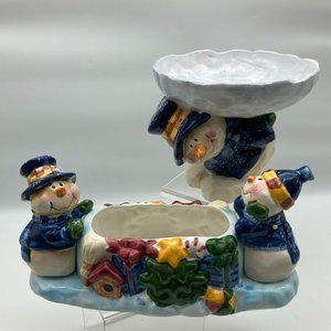VTG 2 Piece Set Festive Snowman Holiday Serving Bowl & Pedestal Dish